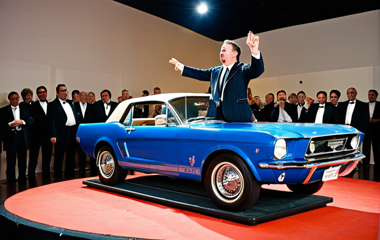 **Prompt:** "A dynamic auction scene specializing in classic cars, showcasing a sharply dressed auctioneer with a microphone, gesturing enthusiastically at a vintage Mustang on a rotating platform. Bidders are eagerly raising paddles. The setting is a brightly lit, upscale auction hall with a palpable sense of excitement and competition. Emphasize the detail of the car and the intensity of the bidding. Cinematic lighting."