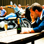 **Image Prompt:** A gavel slamming down on a vintage motorcycle at a classic car auction, a man in the foreground looking distressed and holding his head. Champagne glasses are scattered on a nearby table. This should illustrate "Buyer's Remorse".