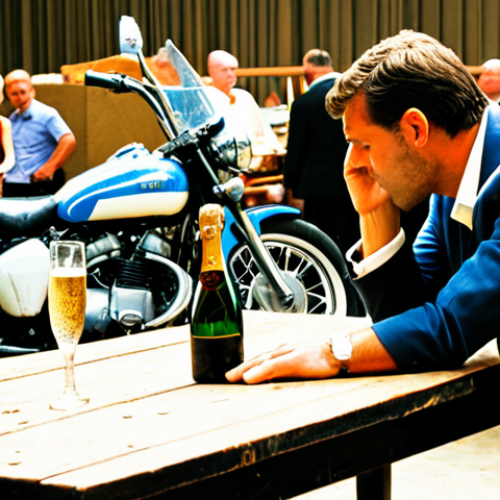 Home 7 **Image Prompt:** A gavel slamming down on a vintage motorcycle at a classic car auction, a man in the foreground looking distressed and holding his head. Champagne glasses are scattered on a nearby table. This should illustrate "Buyer's Remorse".