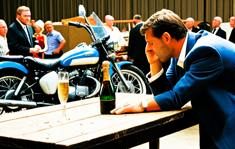 **Image Prompt:** A gavel slamming down on a vintage motorcycle at a classic car auction, a man in the foreground looking distressed and holding his head. Champagne glasses are scattered on a nearby table. This should illustrate "Buyer's Remorse".