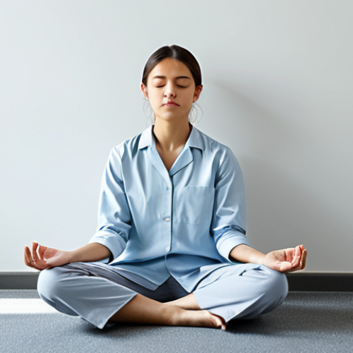 Home 7 경매사 실기시험 중 발생할 수 있는 문제 해결 - Exam Day Anxiety Management**
"A student practicing mindfulness before an exam, sitting cross-legge...
