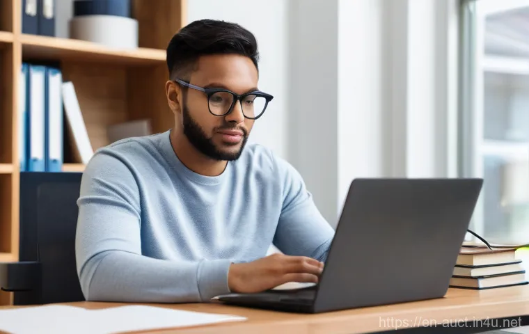 경매사 시험 준비 중 유용한 온라인 자료 - **Prompt:** A diverse young adult, focused and determined, is seated at a clean, modern desk in a we...