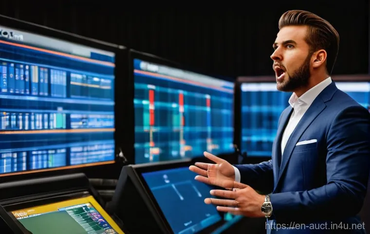 경매사 자격증이 필요한 직무 - **Prompt:** A dynamic, modern auctioneer, dressed in a sharp business suit, stands confidently behin...