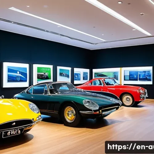 Home 20 경매사 자격증 취득 후기 - A vibrant and bustling modern auction house interior. In the foreground, a sleek vintage sports car ...