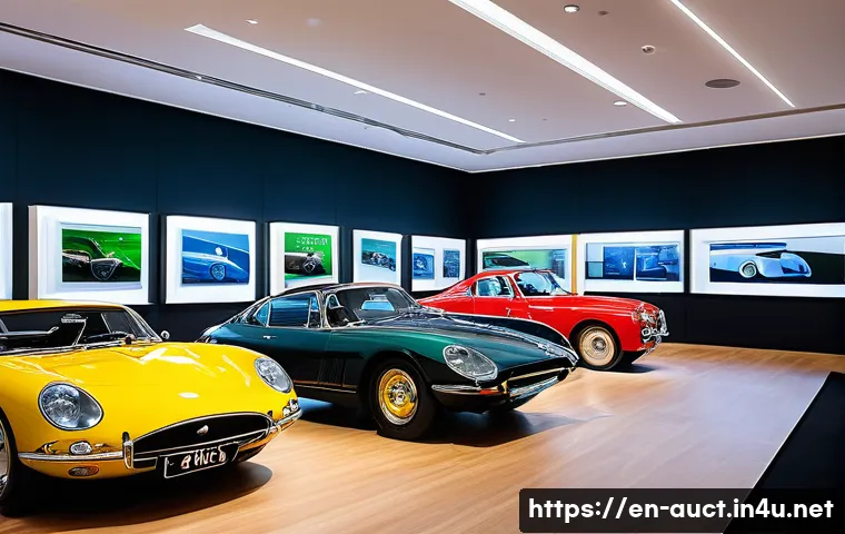 경매사 자격증 취득 후기 - A vibrant and bustling modern auction house interior. In the foreground, a sleek vintage sports car ...
