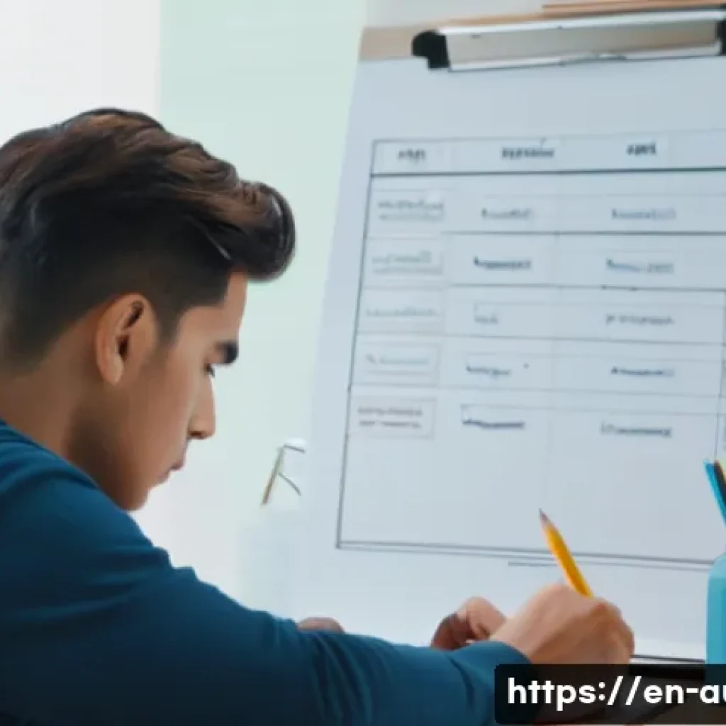 경매사 자격증 시험에서 시간을 효율적으로 사용하는 방법 - A focused young adult man sitting at a clean, well-organized desk in a bright, modern study room, su...