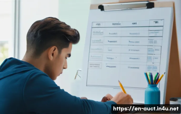 경매사 자격증 시험에서 시간을 효율적으로 사용하는 방법 - A focused young adult man sitting at a clean, well-organized desk in a bright, modern study room, su...