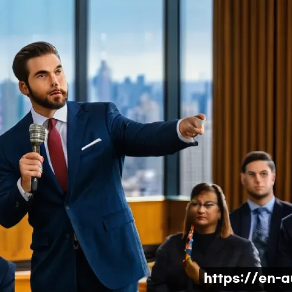 경매사 연봉 현실과 협상 전략 - A professional auctioneer standing confidently on a bustling auction stage inside a grand metropolit...