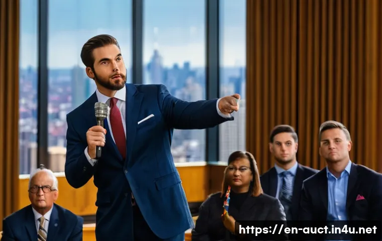 경매사 연봉 현실과 협상 전략 - A professional auctioneer standing confidently on a bustling auction stage inside a grand metropolit...