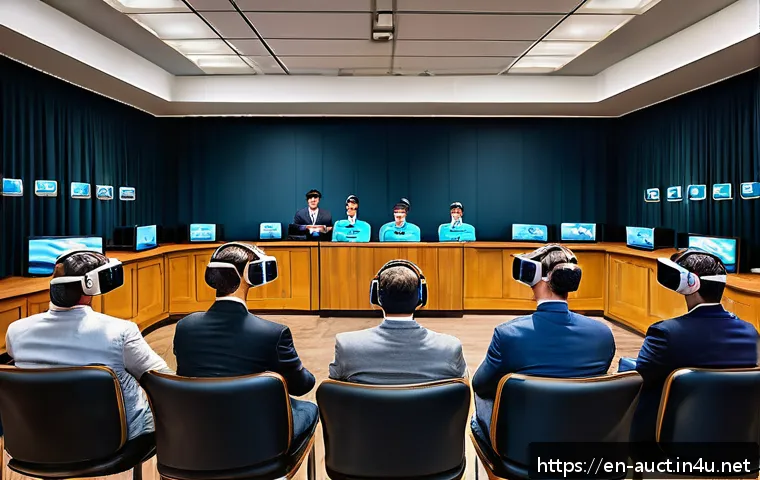 경매사 관련 학습 자료의 최신 트렌드 분석 - A modern auctioneer training classroom featuring virtual reality headsets and motion controllers, wi...
