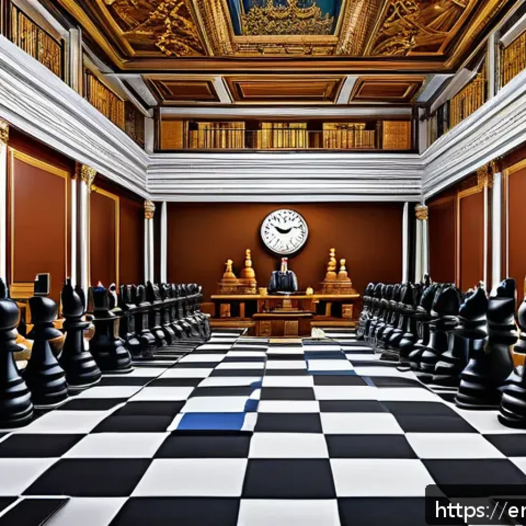 경매사 시험에서 유용한 암기 팁 - A detailed digital illustration of an auction room designed as a giant chessboard, where diverse bid...