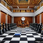 경매사 시험에서 유용한 암기 팁 - A detailed digital illustration of an auction room designed as a giant chessboard, where diverse bid...