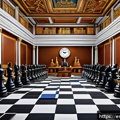 경매사 시험에서 유용한 암기 팁 - A detailed digital illustration of an auction room designed as a giant chessboard, where diverse bid...
