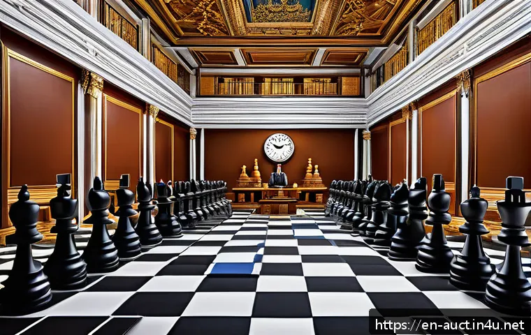 경매사 시험에서 유용한 암기 팁 - A detailed digital illustration of an auction room designed as a giant chessboard, where diverse bid...