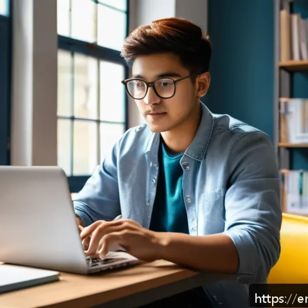 경매사 시험 대비를 위한 온라인 학습 자료 - A modern, bright study room with a young adult using a laptop and smartphone simultaneously, surroun...