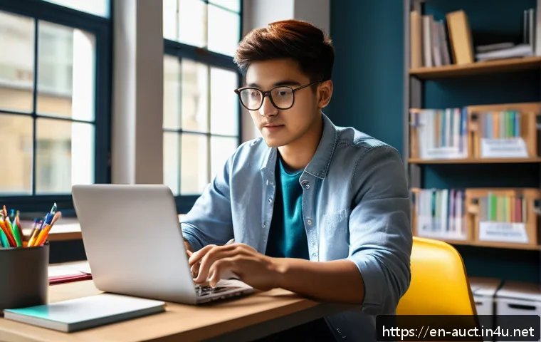 경매사 시험 대비를 위한 온라인 학습 자료 - A modern, bright study room with a young adult using a laptop and smartphone simultaneously, surroun...