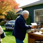 경매사 자격증 없이 입문하는 방법 - A lively estate sale scene in a suburban neighborhood during daytime, featuring diverse adults brows...