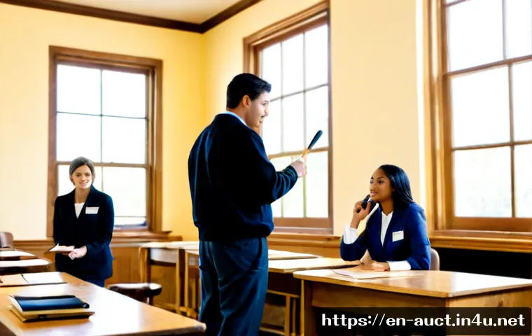 경매사 관련 대학교 과정 및 전공 소개 - Photorealistic university auctioneering course classroom in the United States, diverse adult student...