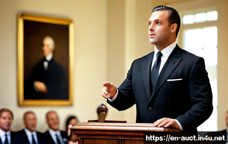 경매사 주요 업무와 역할 - Photorealistic auctioneer in a tailored dark suit standing at a polished wooden podium in an elegant...